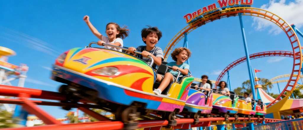 Children laughing on a colorful roller coaster ride at Dream World amusement park