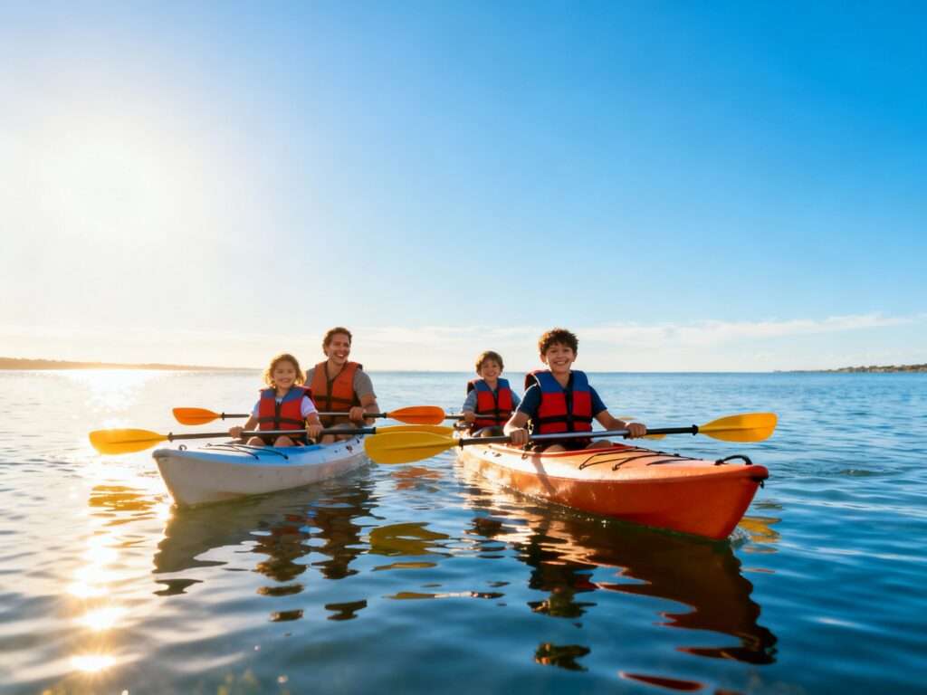 Family kayaking together on calm coastal waters wearing life jackets on a sunny day