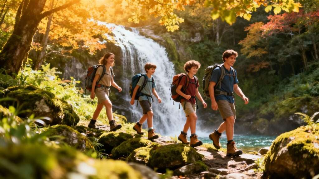 Family hiking near a crystal-clear waterfall surrounded by lush tropical greenery