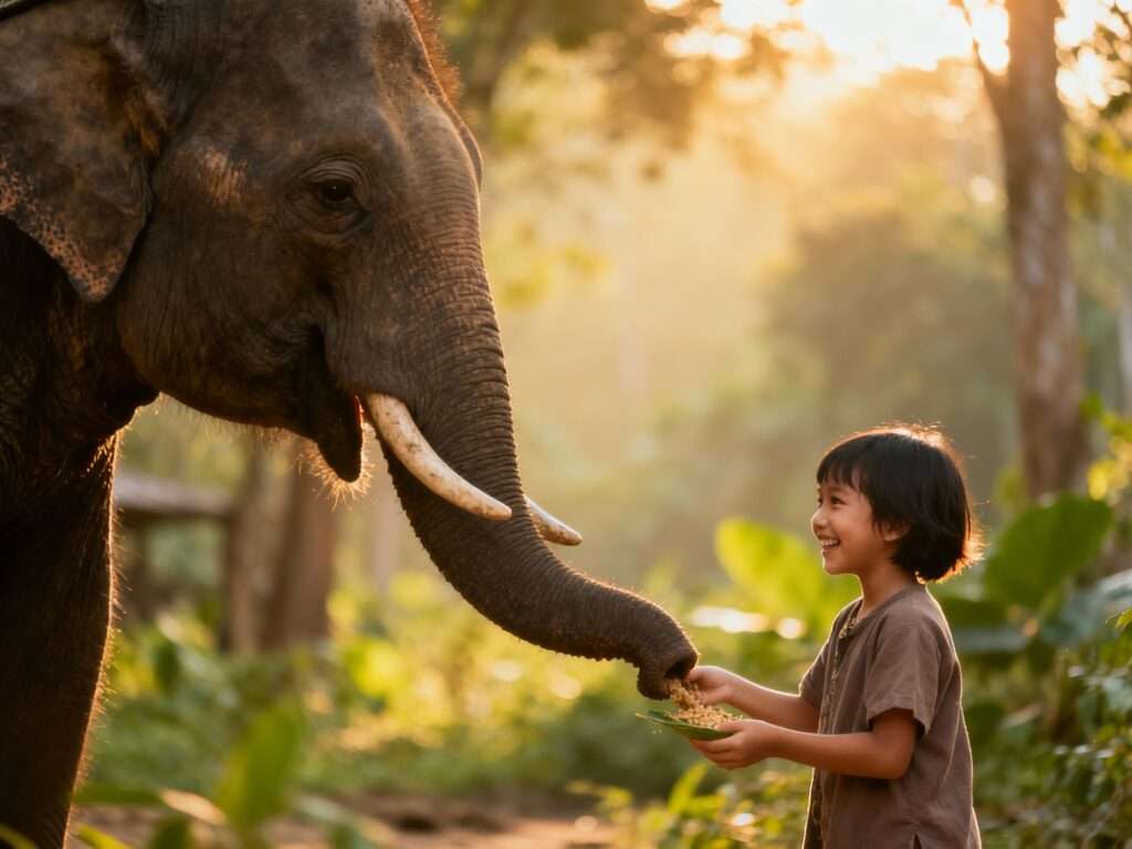 Smiling child feeding a large elephant at a wildlife sanctuary in a lush environment