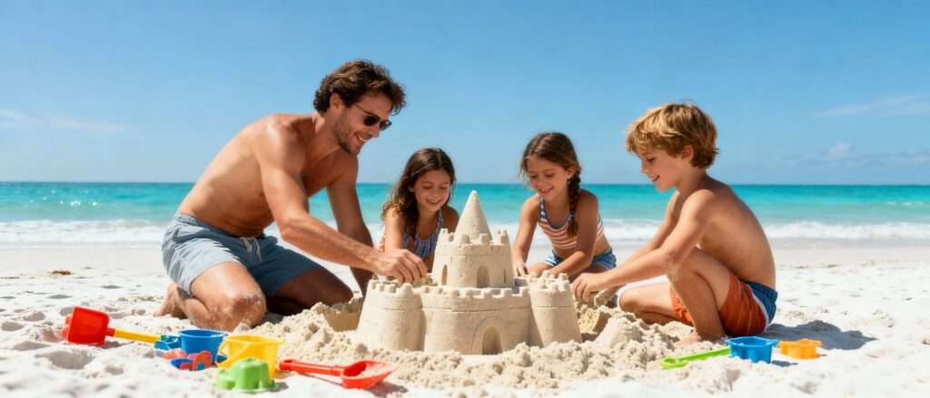 Family building sandcastles on a white sandy beach with turquoise sea and clear blue sky