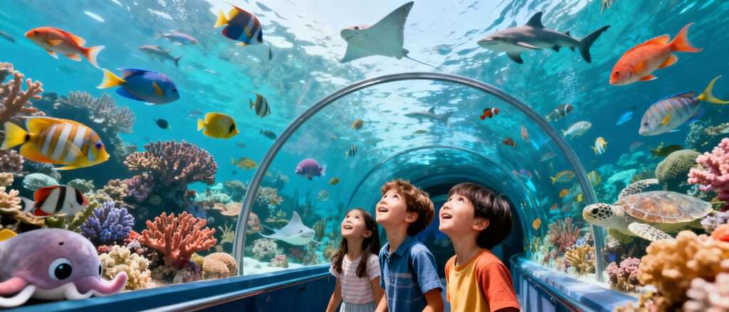 Children mesmerized by a giant aquarium tunnel filled with colorful marine life and corals