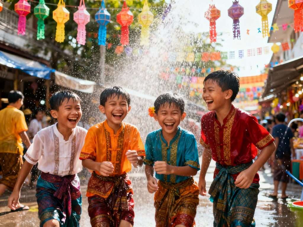Kids laughing joyfully under water sprays during Thailand’s traditional Songkran festival