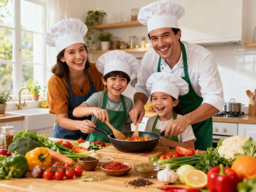 Smiling family wearing chef hats cooking with fresh local ingredients in a bright kitchen